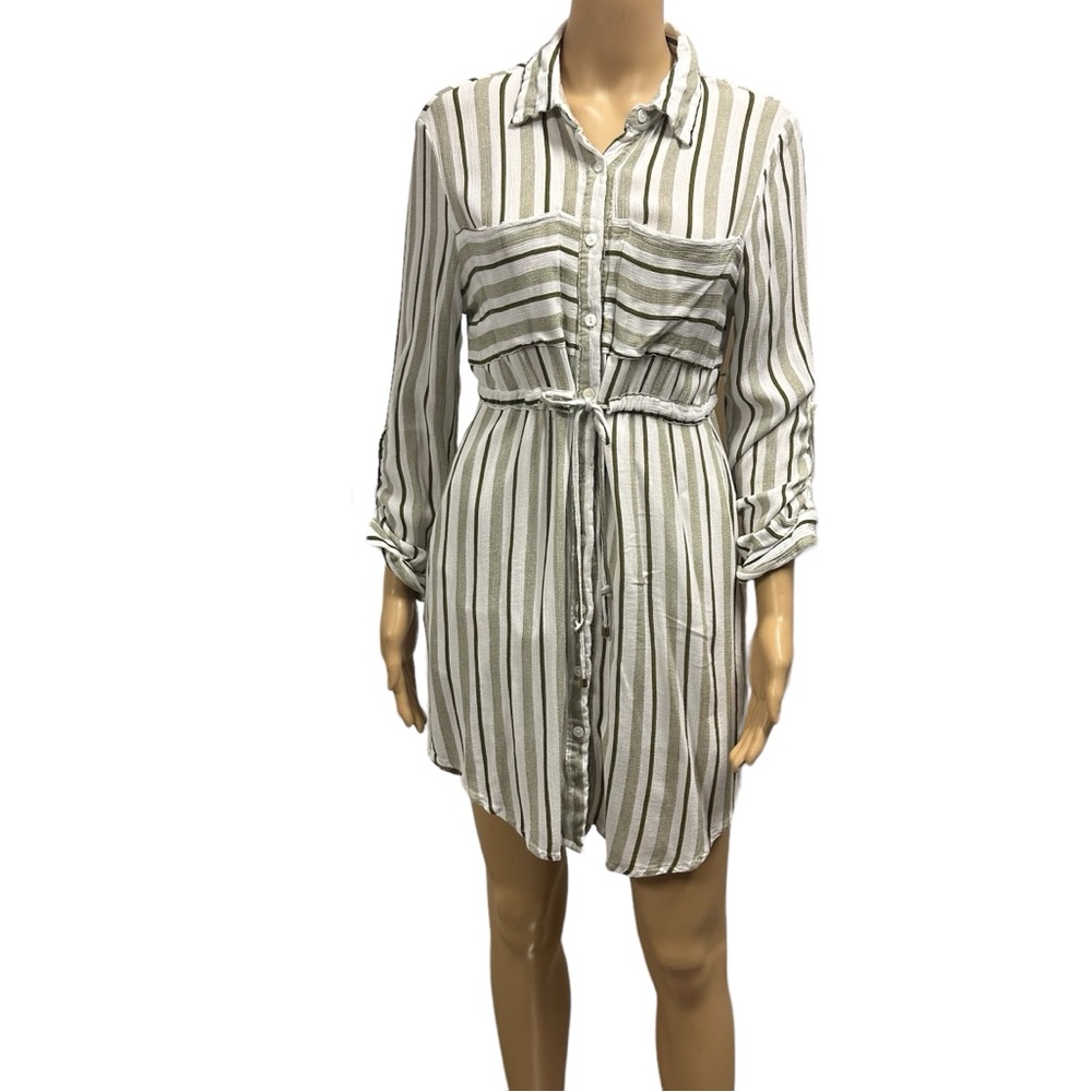 Passport Rayon Button Down Double Chest Pocket Striped Shirt Dress Juniors Large